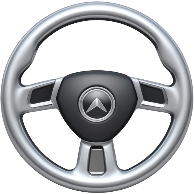 A futuristic steering wheel emoji made of silver chrome, minimal geometric design, smooth metallic surface, soft reflections, iOS emoji style, centered, clean white background emoji