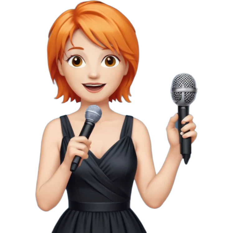 singer, Middle age, orange hair, happy, holding mic, wearing dress emoji