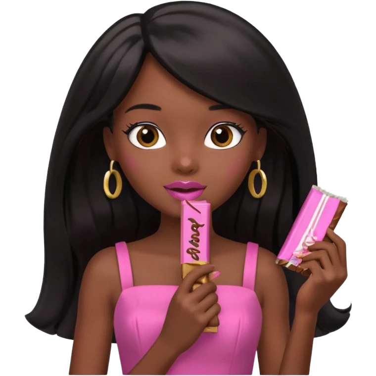 Black barbie, long black  hair, pink dress eating chocalate bar emoji