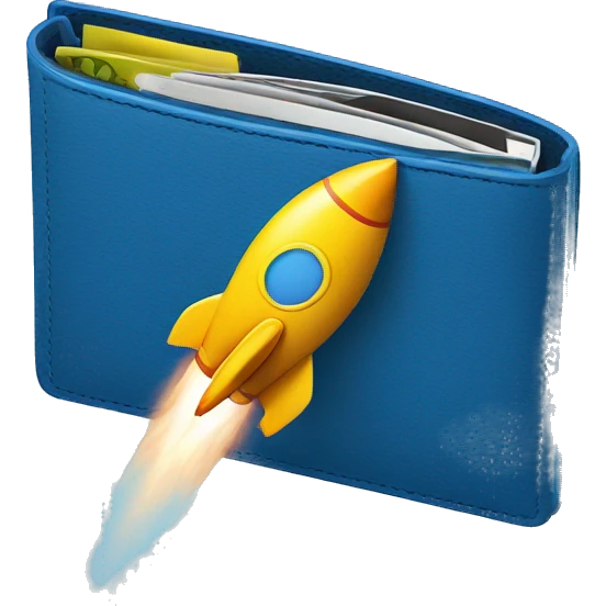 in the emoji style of a blue colored wallet linked to a rocket emoji