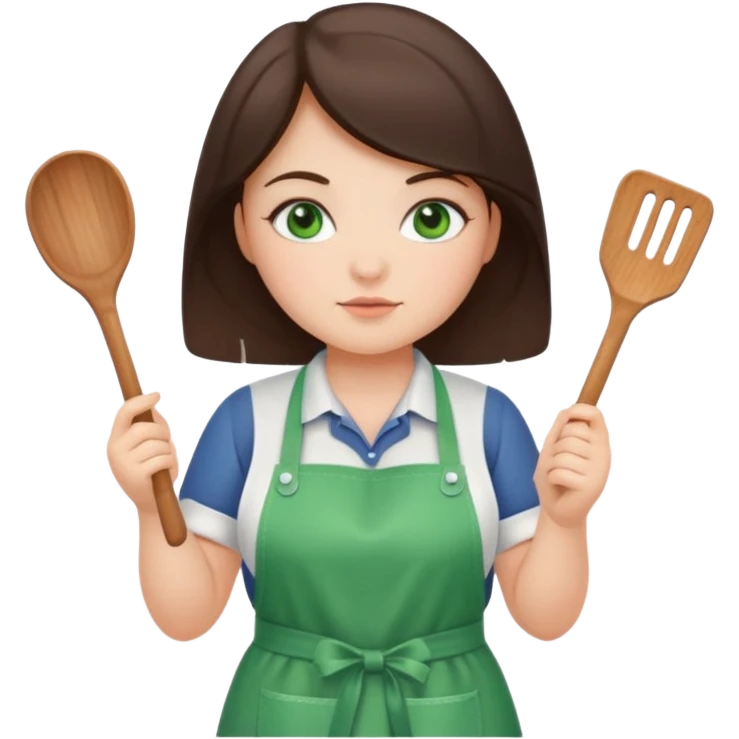 chubby brunette girl with green eyes with apron holding spatula  emoji