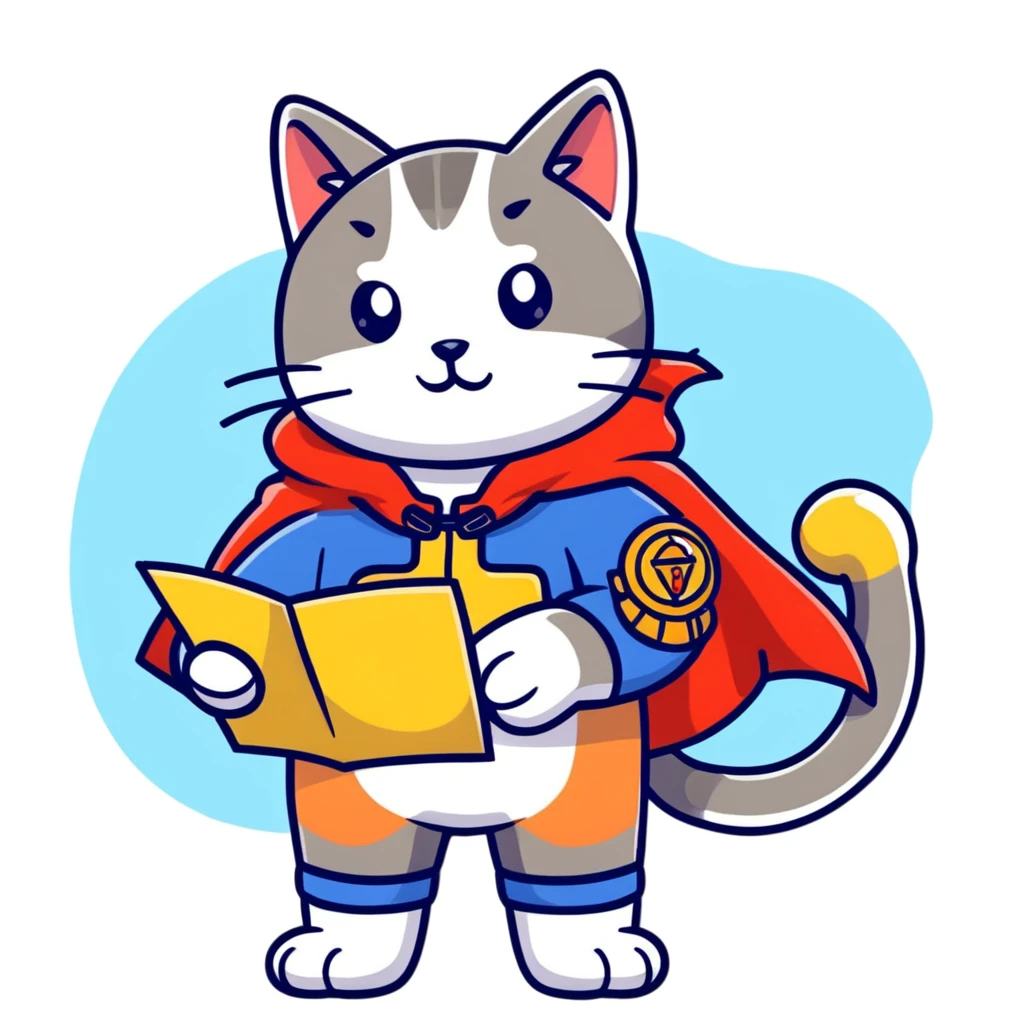 Explorer cat with map in paws, mountains and starry sky background, wearing explorer outfit with flowing cape, gazing at horizon emoji