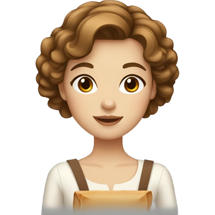 a french girl, with brown mid-length wavy cut hair, brown eyes, holding a baguette emoji