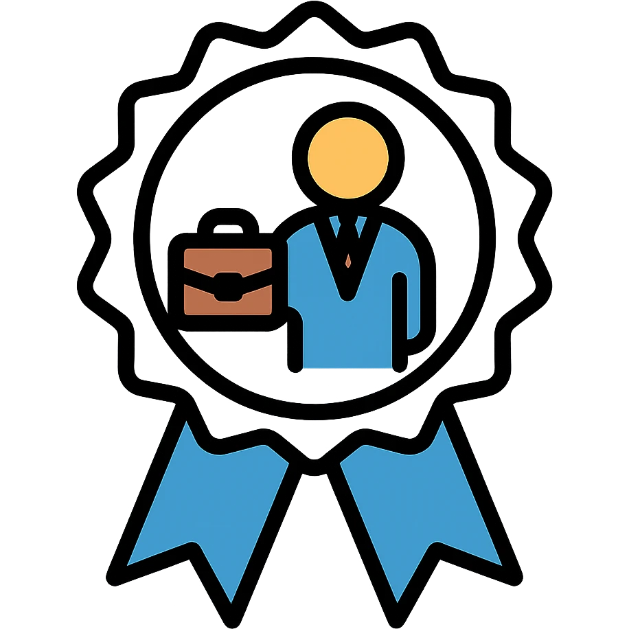 silver badge with stylized figure holding briefcase, blue accent, representing experienced professionals finding jobs, simple welcoming design emoji
