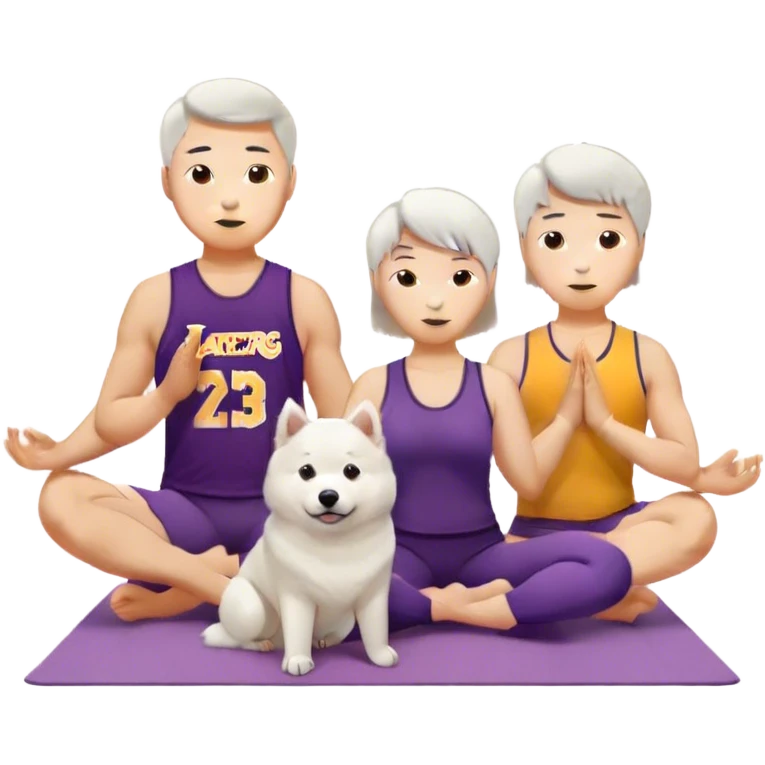 asian couple with a Samoyed which is a Short hair brunette male with lakers jersey and long hair brunette female yoga clothing emoji