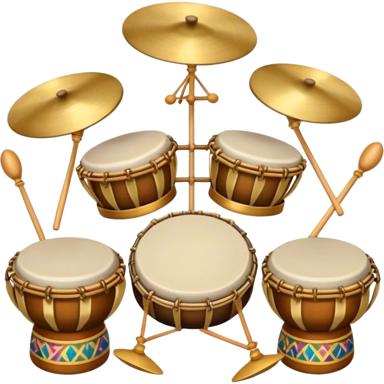Create a heraldic, festive, and professional emblem-like emoji representing percussion instruments. The design should resemble a traditional crest, featuring a variety of percussion instruments such as cymbals, triangle, tambourine, maracas, timpani, bongo drums, and other traditional folk percussion instruments. Arrange them symmetrically, with cymbals crossing each other, the triangle at the center, and timpani or bongo drums flanking the sides. Include tambourines and maracas prominently, adding rhythm and texture. A flowing ribbon of musical notes should elegantly weave through the instruments, enhancing the sense of movement and celebration. Add intricate decorative patterns on the instruments, along with ornamental swirls, laurels, or flourishes to elevate the festive and heraldic feel. The overall composition should be balanced, harmonious, and visually striking, with an elegant and professional look. The background should be transparent. emoji