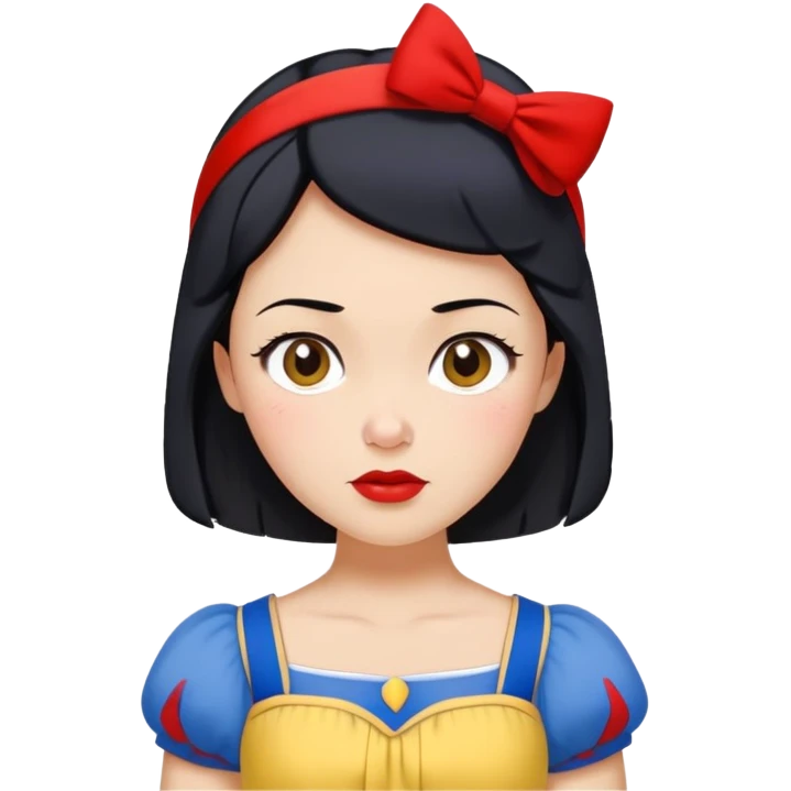 Snow White from hips up, blue top with yellow skirt, short black hair with red headband, minimal style but clearly recognizable emoji