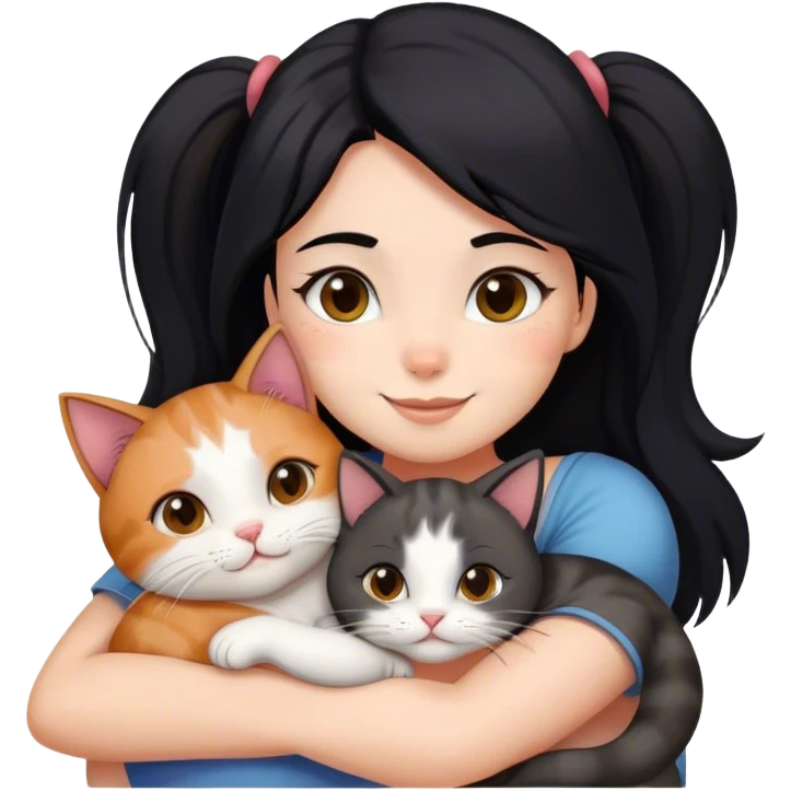 happy girl with black hair hugging three cats  (tricolour cat, gray cat, brown calico cat) emoji