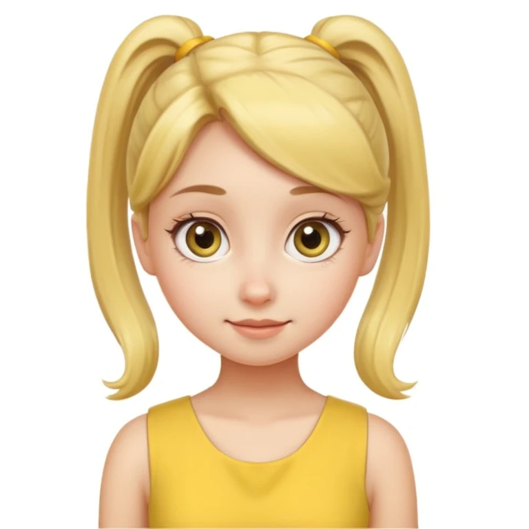 Cute female character, rounded face, big eyes, small nose, subtle smile, ponytail, yellow dress emoji