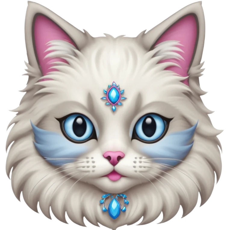 Neva masquerade cat, very fluffy, gray and white, blue eyes and pink nose emoji