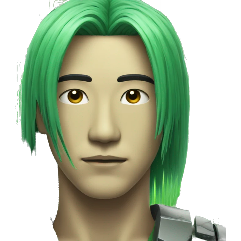Head of Asian male cyborg with long green hair and circuits emoji