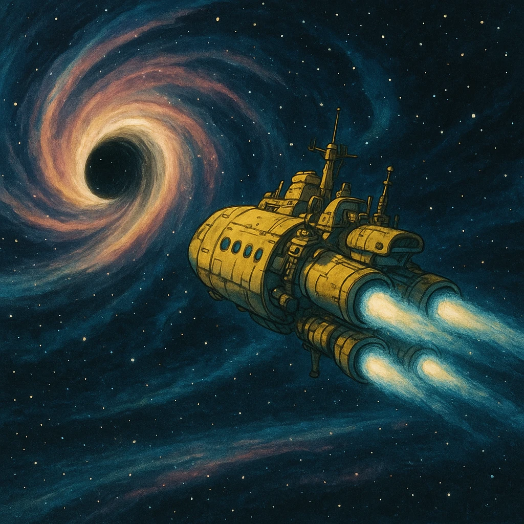 ghibli style scene of a spaceship traveling through space, inspired by Interstellar emoji