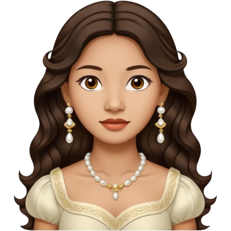 Tan Filipino woman with dark brown eyes and long dark wavy hair parted in the middle wearing a traditional filipiniana and white pearl stud earrings and no other jewelry emoji