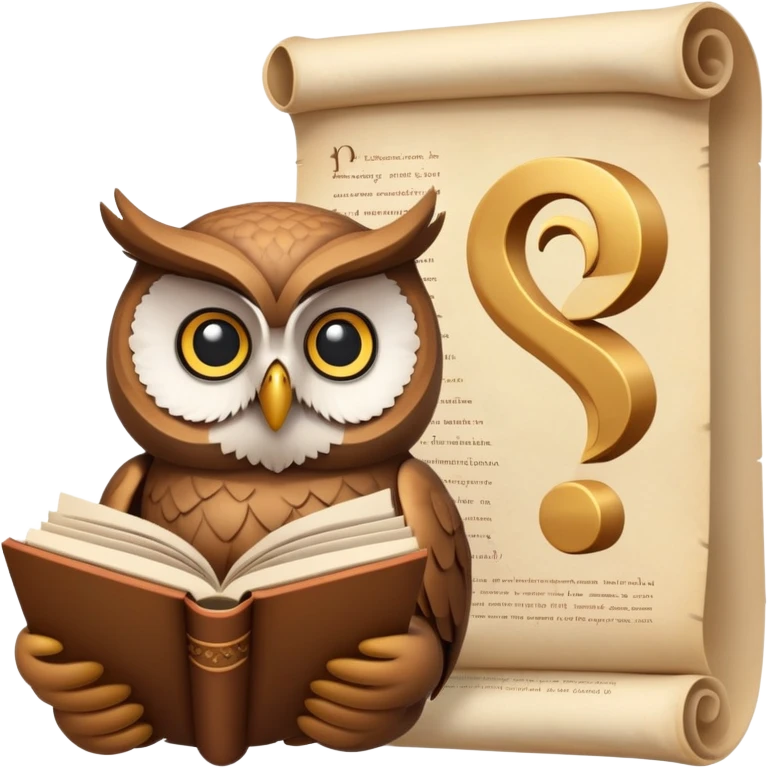 An icon featuring an ancient scroll, a thinker’s bust, and a question mark, symbolizing philosophy. The design includes a wise owl, a book, and abstract symbols, representing deep thought, ethics, and wisdom. Transparent background emoji