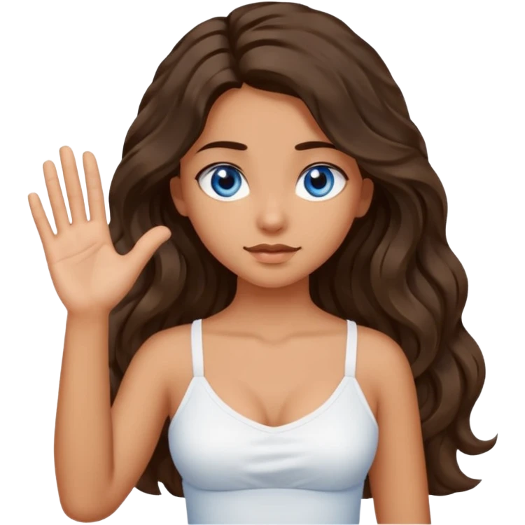 Girl with olive skin, blue eyes, brown dark insanely wavy long hair, white camisole, left hand palm up crossing arms in an x shape emoji