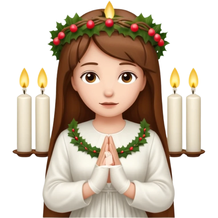 brown long haired white women with white gown and advent wreath with 5 candles on the head and praying hands  emoji