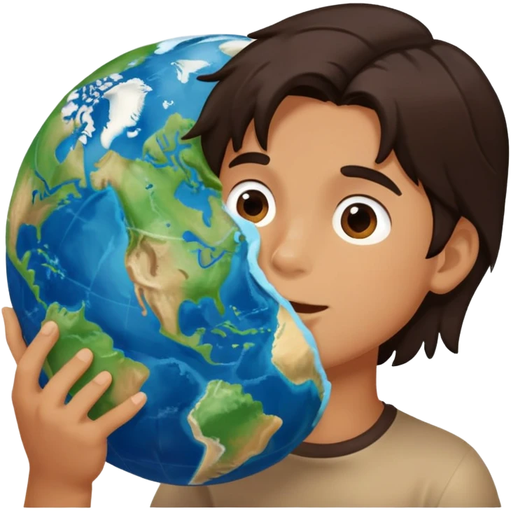 A boy with dark brown shoulder long hair eating the globe of earth emoji