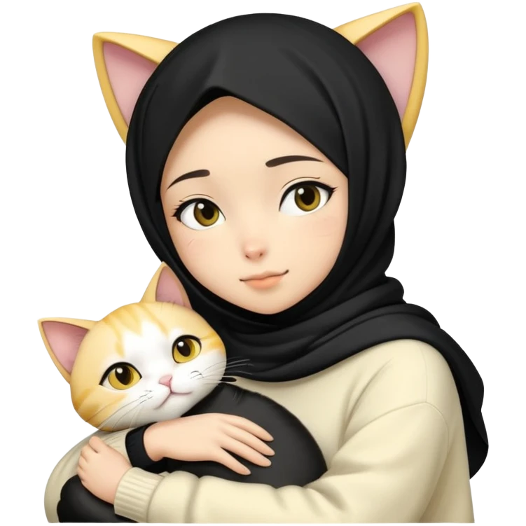 a girl wearing a black hijab in a creme sweater, hugs a japanese yellow, black, and white one cat emoji