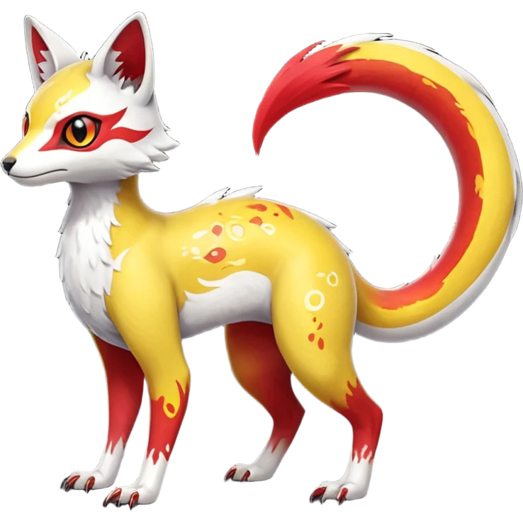  Hyper-realistic oily smooth silky soft White white with red gradients, and yellow, slit eyes, oriental intricate markings handsome cool edgy aesthetic colorful vibrant Vernid-Trico-species-Fakemon-creature by LiLaiRa, 4 legs, 1 tail, random markings, (full body) emoji