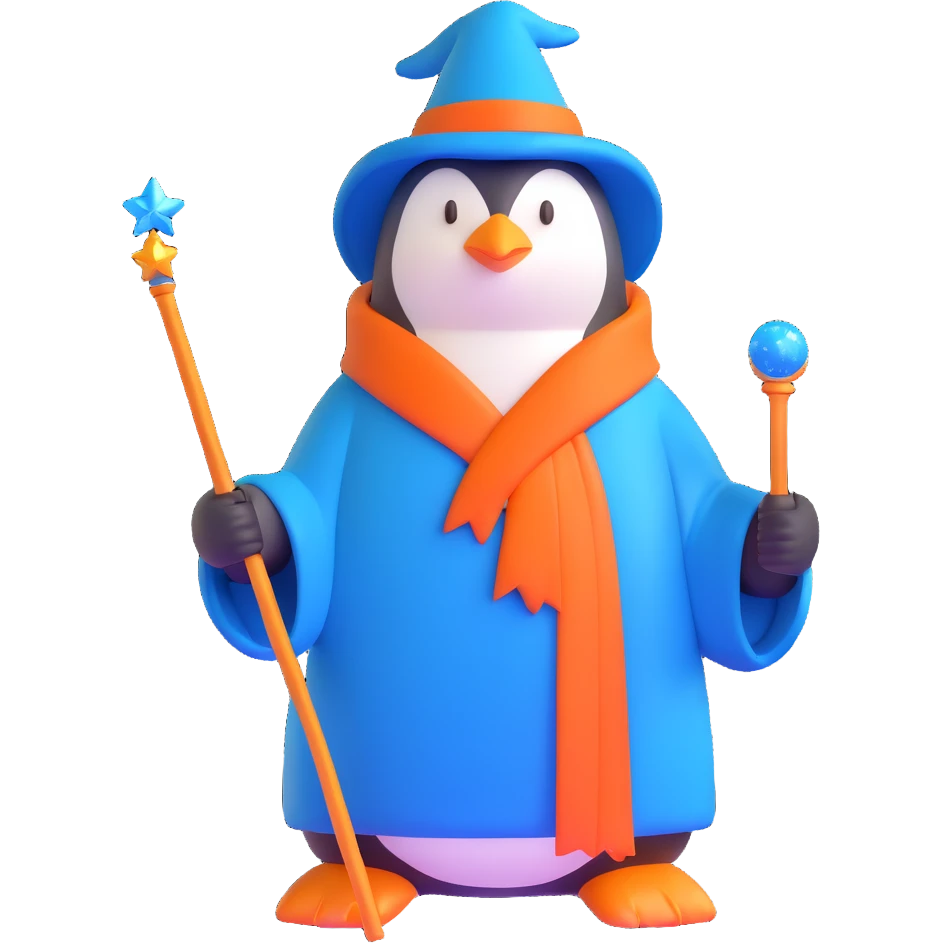 penguin wizard with a blue robe and sparkly wand emoji