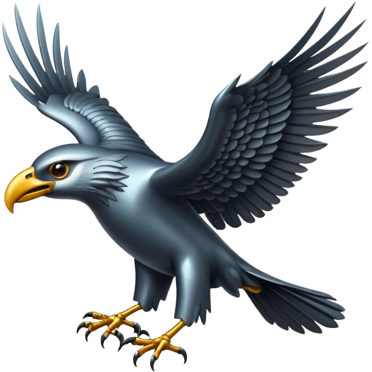 Emoji-style icon of a large metallic predatory bird flying, sharp wings, steel texture, dramatic pose, dark background emoji