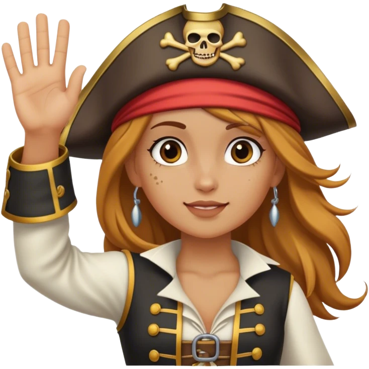 a pirate girl standing and waving her hand emoji