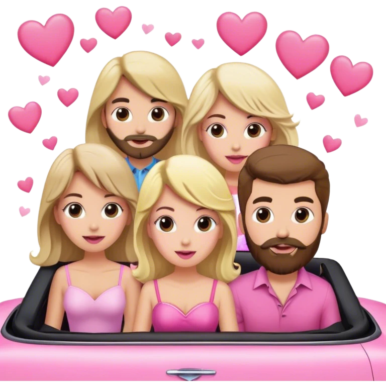One blonde woman, two brunette women, and a brown haired bearded man in a pink convertible with hearts blowing behind the convertible emoji