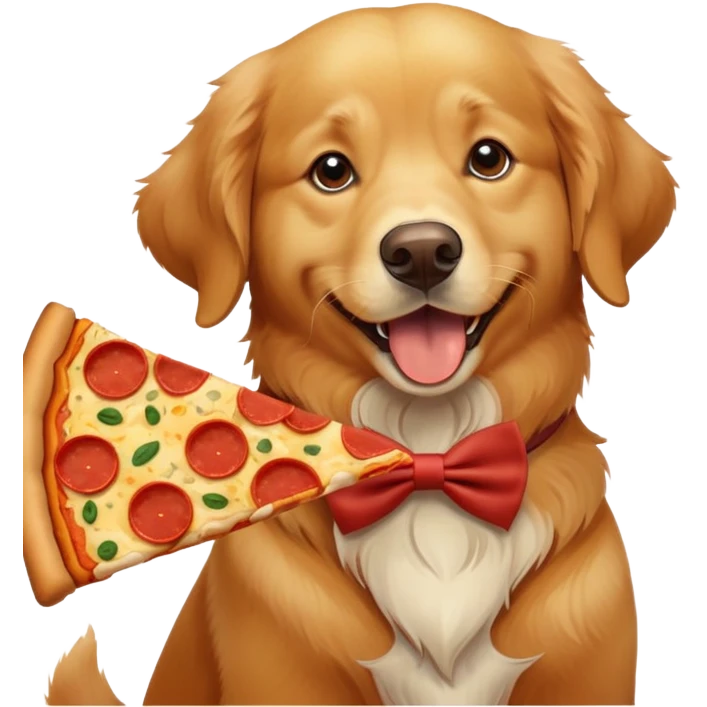 Golden retriever with a bowtie eat pizza emoji