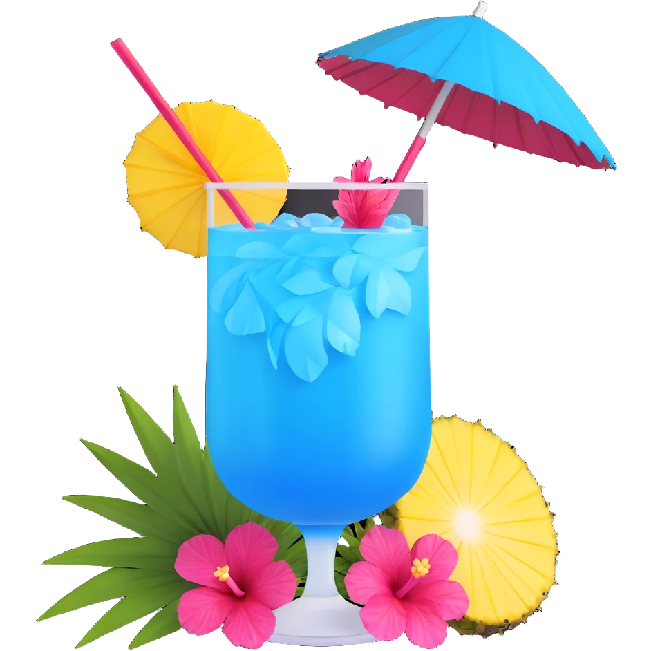vibrant tropical fruity blue cocktail with hibiscus, pineapple slice, and paper umbrella garnish emoji
