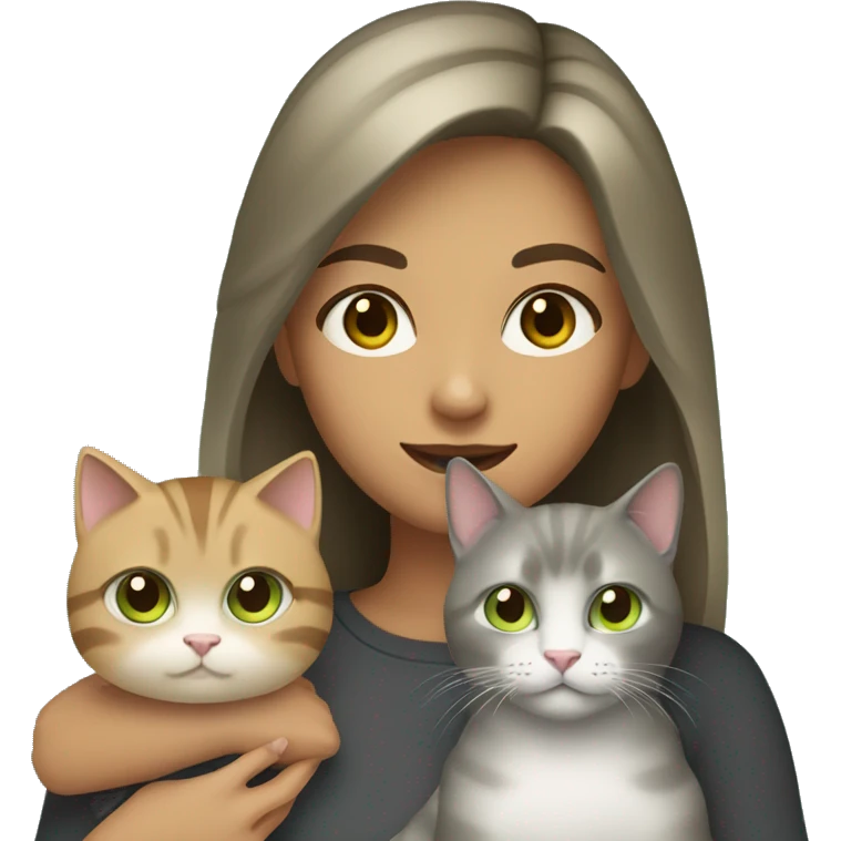 Woman with dark blonde hair and hazel eyes holding a dark grey cat with light green eyes emoji