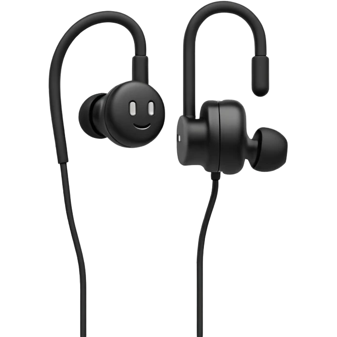 Minimal emoji, simple wired earphones sculpted from matte black metal, clean silhouette, fashion editorial minimalism, no motion effects, no glow, no neon, flat emoji style, centered, transparent background emoji