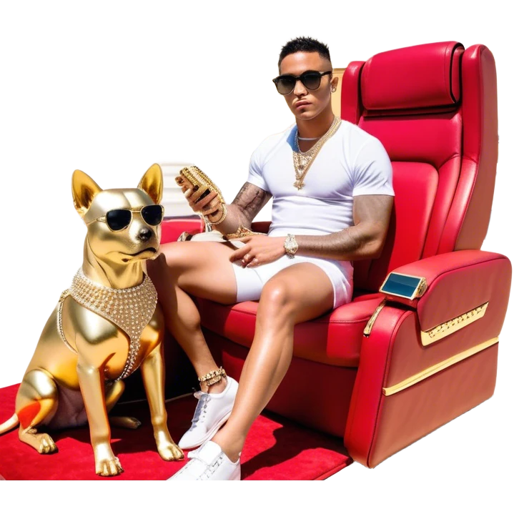  Celebrity Internet Marketer Known As Josh King Madrid, Designer Fit, 3 Diamond Tennis Chains, Golden Sparkle Private Jet Parked Behind Him, Seated On A Massive Gold Throne, Sunglasses On, Famous Instagram Bikini Model Tefi Valenzuela On His Lap, AI Robot Dog Next To His Spiky Diamond-Crusted Louboutin Red Bottoms. emoji