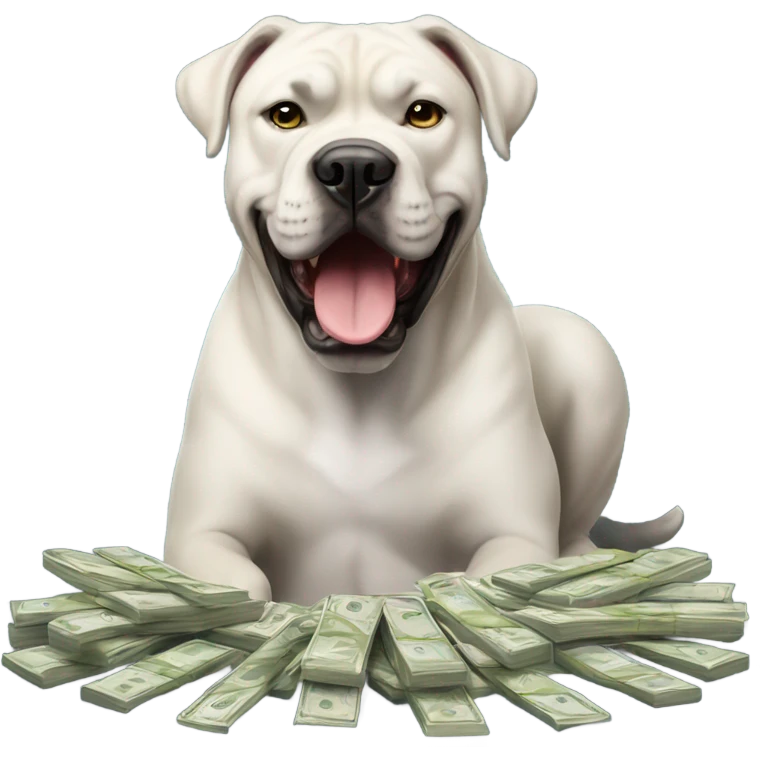 A white Cane Corso smiling with money in its mouth. emoji