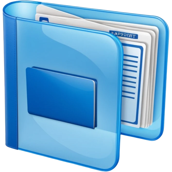 A translucent blue plastic folder with rounded corners, passport documents\ emoji