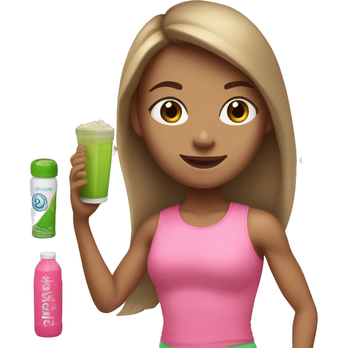 a girl with brown long straightened hair and with Green eyes with pink leggings and pink sports top with a protein shake in her hand emoji