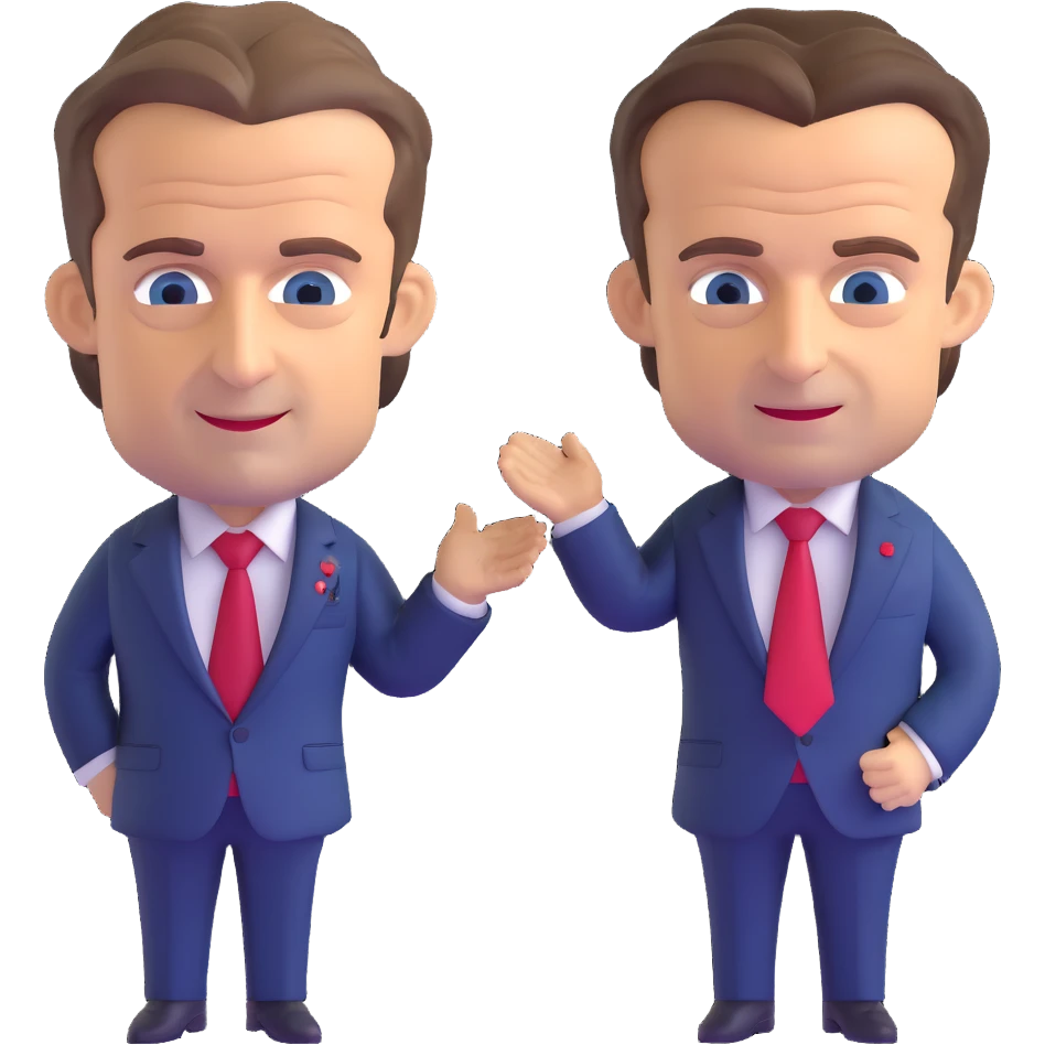 3D chibi caricature of Nicolas Sarkozy and Emmanuel Macron, standing together, oversized heads, small realistic bodies, navy suits, Sarkozy with blue tie, Macron with red tie, realistic faces, soft lighting emoji