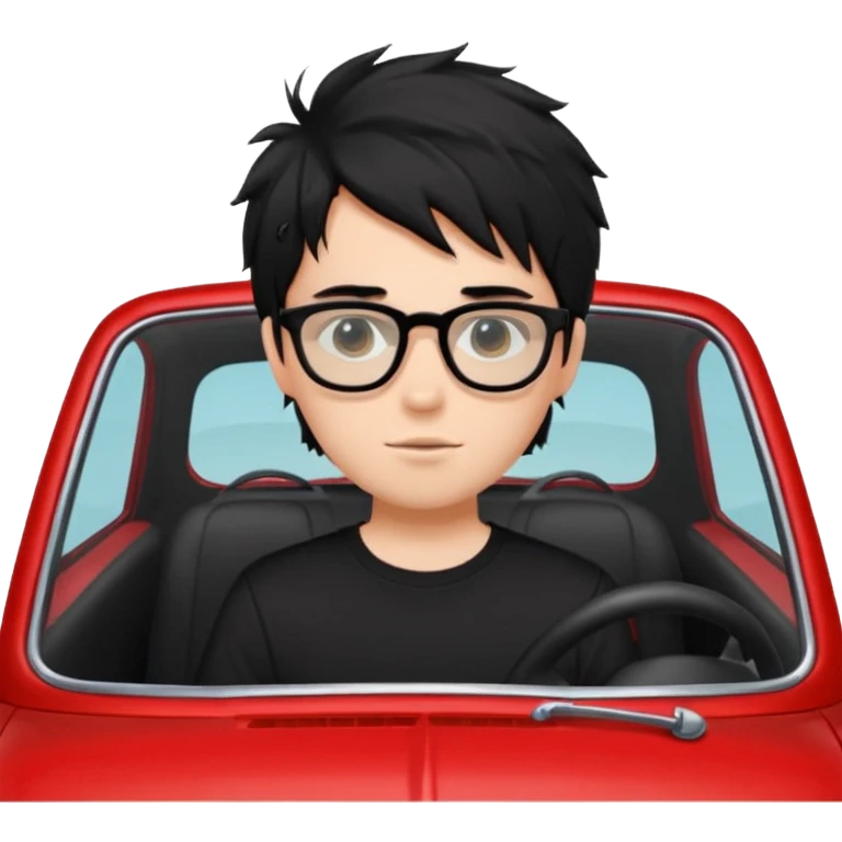 generate a pretty bratz fair skinned boy with black messy hair wearing a black tshirt driving a red car. Glasses on.  emoji