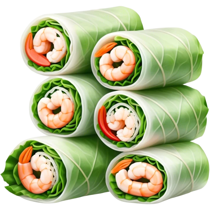 Cinematic Realistic Vietnamese Summer Rolls Dish Emoji, depicted with delicate rice paper wraps filled with fresh vegetables and shrimp rendered with crisp textures and refreshing lighting. emoji