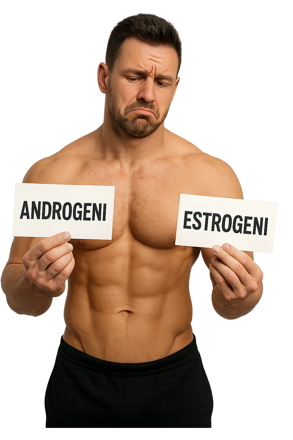 BODYBUILDER CHE TIENE LA SCRITTA "ANDROGENI" NELLA MANO DESTRA E LA SCRITTA "ESTROGENI" NELLA MANO SINISTRA, ESPRESSIONE DUBBIOSA IN VOLTO emoji