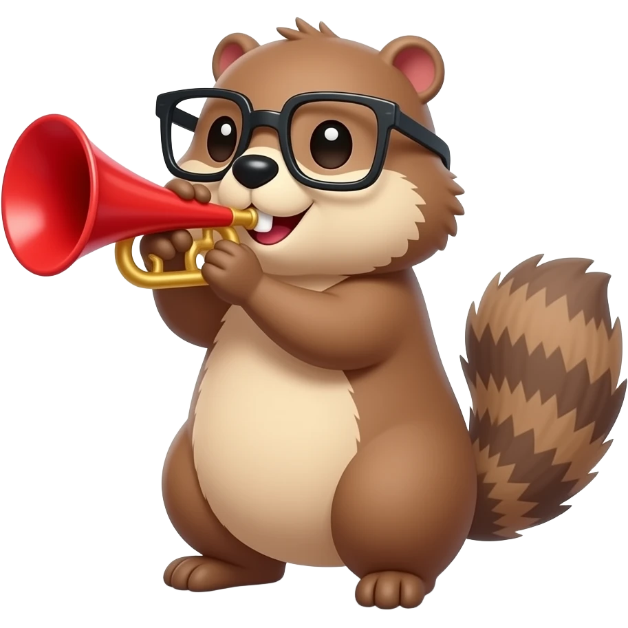 A cute groundhog with square Glasses blowing on a party horn with confetti all around emoji