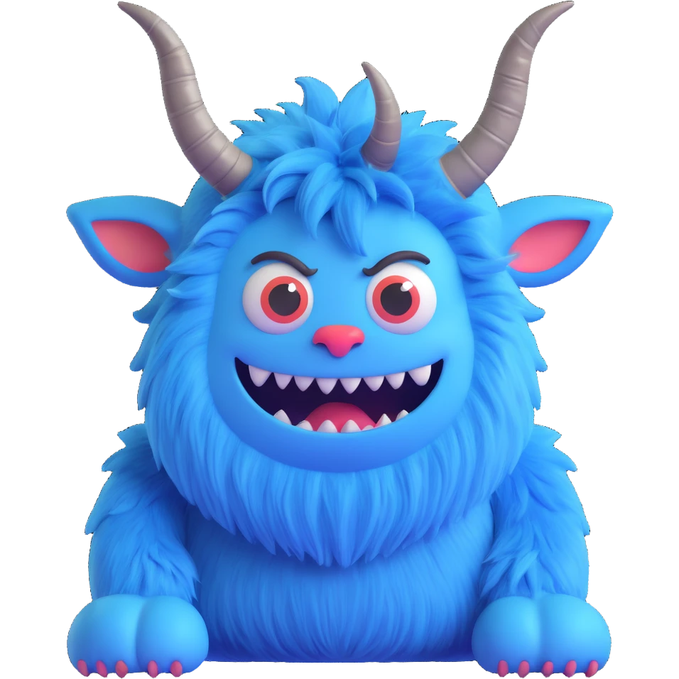 furry blue monster with horns, friendly expression, 3D style emoji