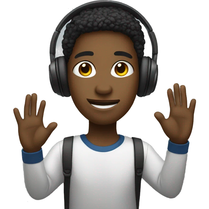 black student with headphones, one hand raised to ask a question emoji