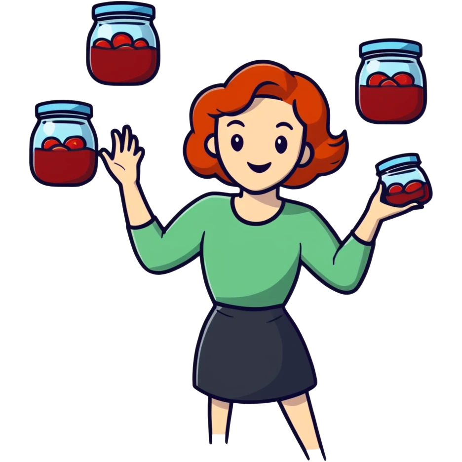 redhead woman juggling with 3 glass jars with jam emoji