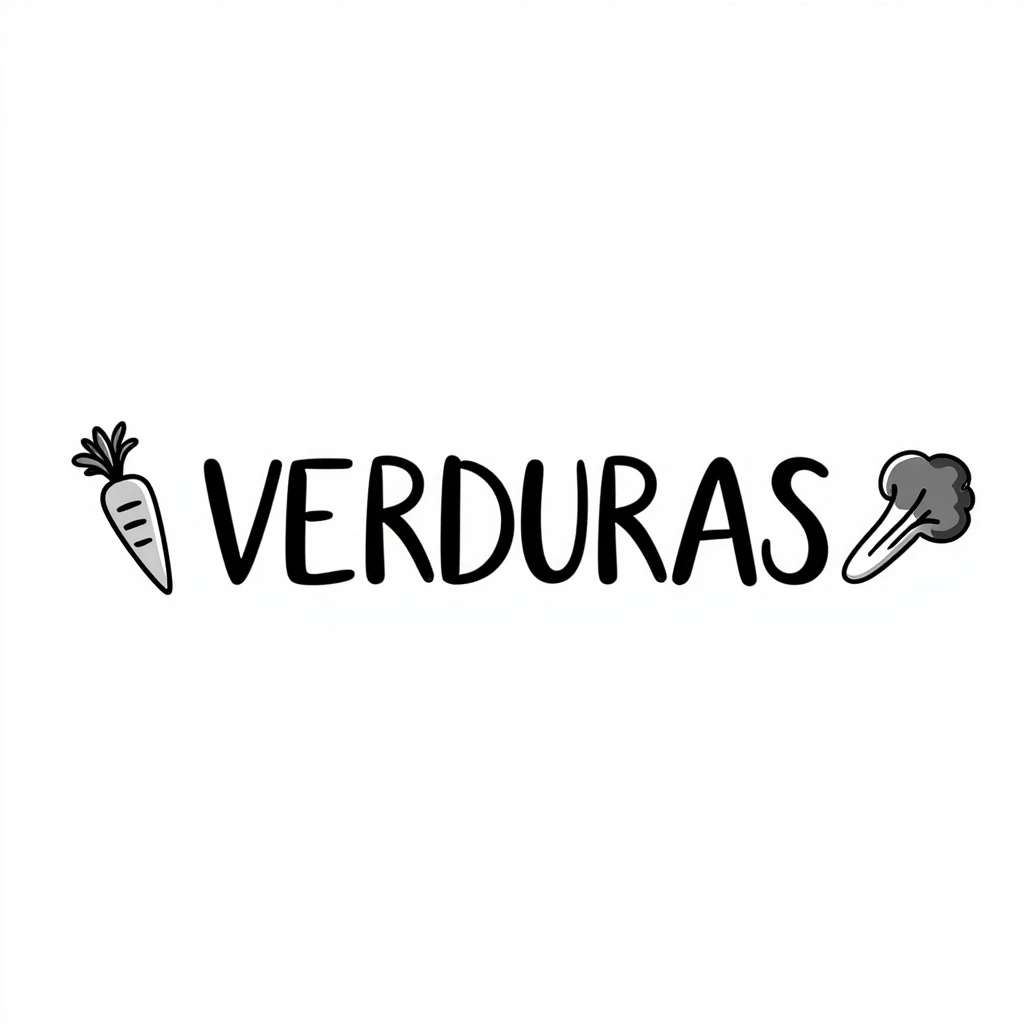 the word VERDURAS in a playful handwritten script with small drawings of carrots and lettuce around the text emoji