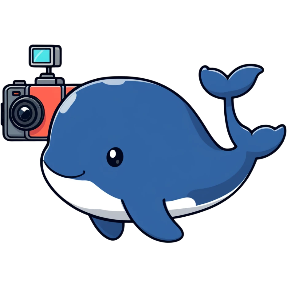 Whale holding a camera up taking a photo emoji