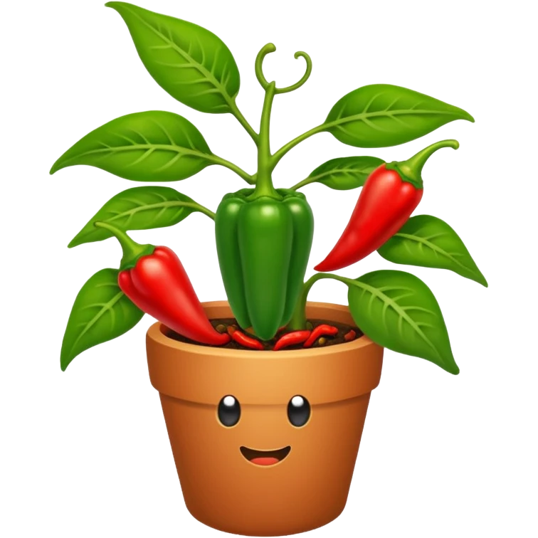 Potted green pepper plant with small chili peppers growing on it emoji