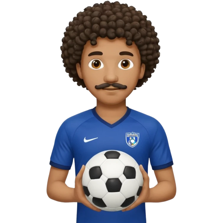 curly hair black man soccer player dark blue jersey with mustache holding soccer ball emoji