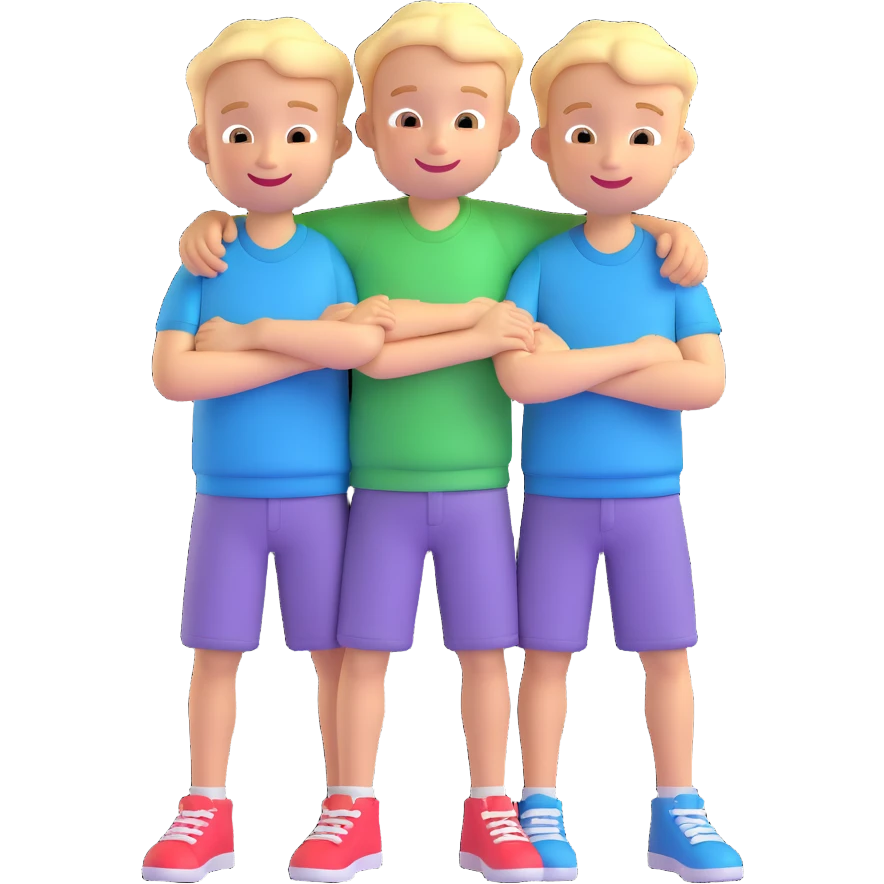 Two cartoon-style boys with similar features, arms around each other's shoulders, smiling, matching outfits, standing close, white background, emoji style emoji