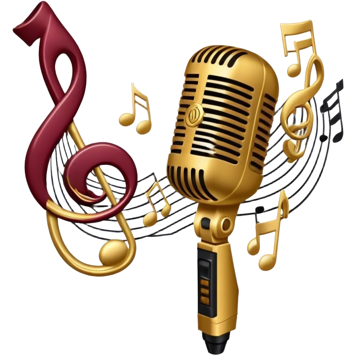 Create a sophisticated and smooth emoji representing jazz vocal performance. The design should feature a stylized microphone, with musical notes swirling around it to convey the fluid, improvisational nature of jazz. Add subtle elements like a vintage microphone stand or a hint of a singer’s silhouette in the background to reflect the live, intimate feel of jazz performance. Use deep, rich colors like gold, black, and burgundy to evoke the classic, smooth vibes of jazz. The background should be transparent. emoji
