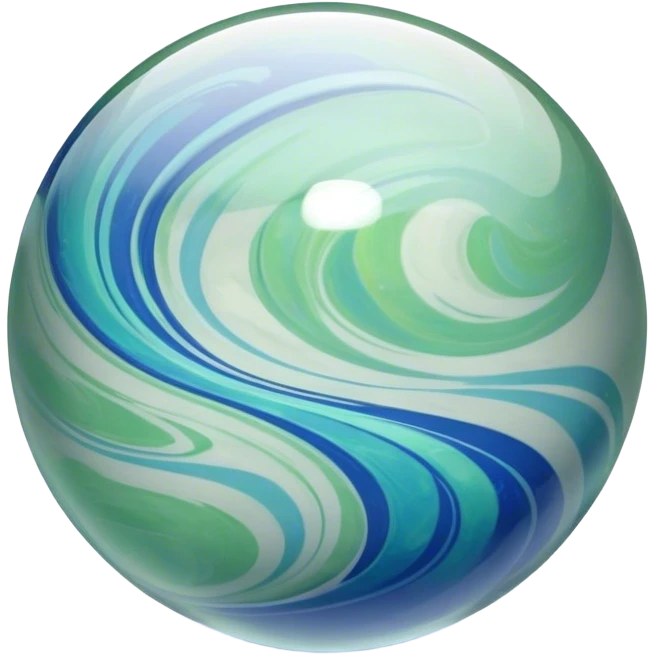 A single glass marble with a smooth, glossy surface. It is transparent with swirling blue and green patterns inside. The marble reflects light beautifully, creating subtle highlights and shadows. The background is softly blurred to emphasize the marble's intricate details emoji